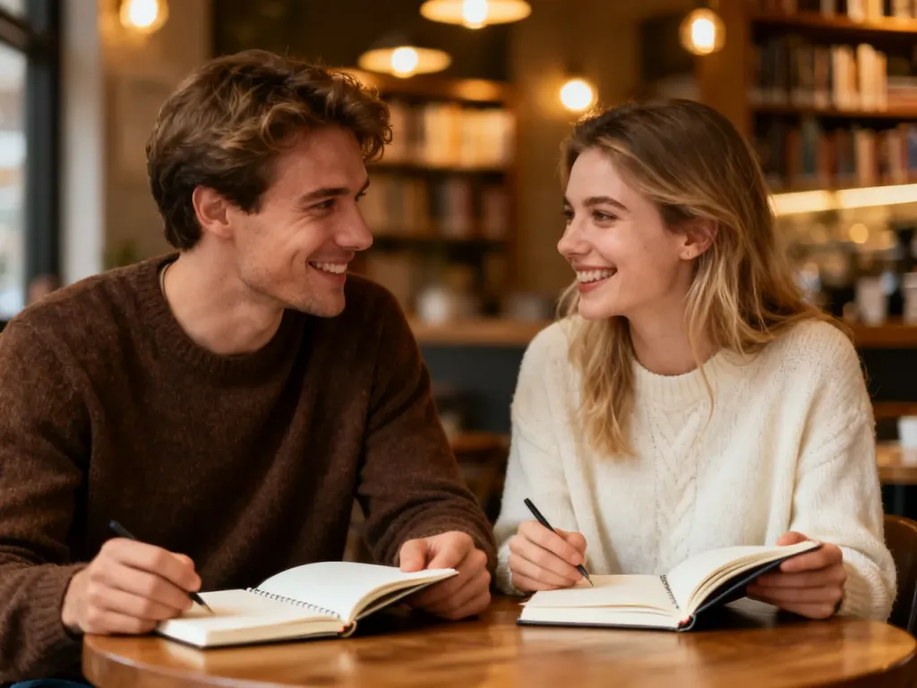 Kobieta i mężczyzna uśmiechają się do siebie, siedząc przy stoliku w bibliotece z otwartymi notatnikami.