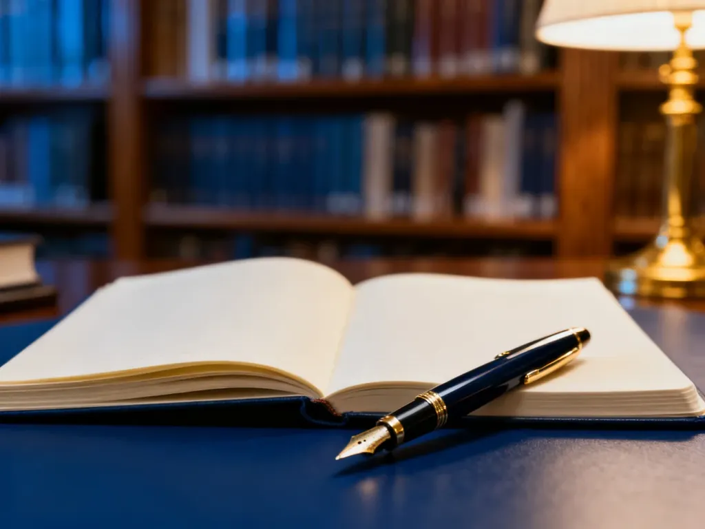 Otwarte notatnik i pióro wieczne na biurku w bibliotece, symbolizujące pracę nad poprawną pisownią i naukę języka.