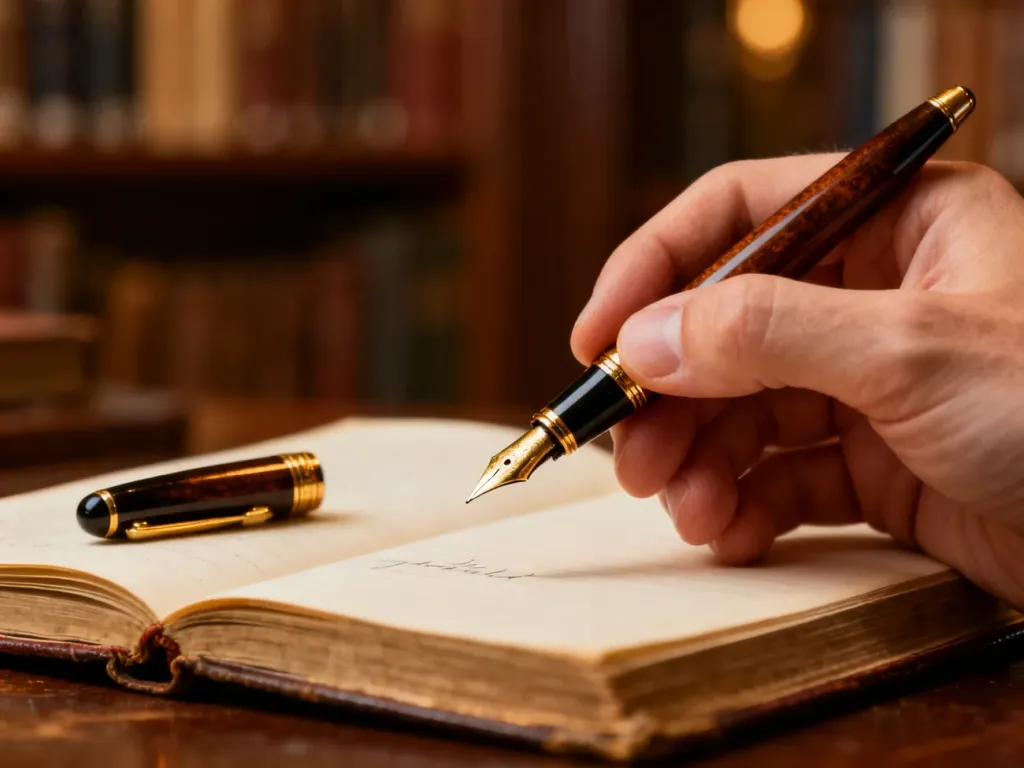 Eleganckie pióro wieczne nad otwartym notatnikiem w przytulnej bibliotece, gotowe do zapisania poprawnych form językowych.