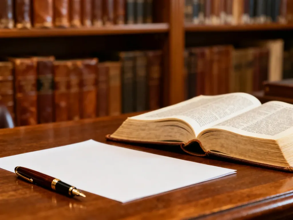 Eleganckie pióro wieczne, czysta kartka papieru i otwarty słownik na drewnianym biurku w przytulnej bibliotece.