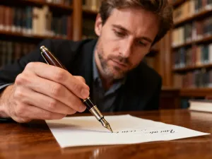 Elegancka kobieta z piórem w dłoni przy biurku, skupiona na pisaniu w notatniku w przytulnym wnętrzu biblioteki.