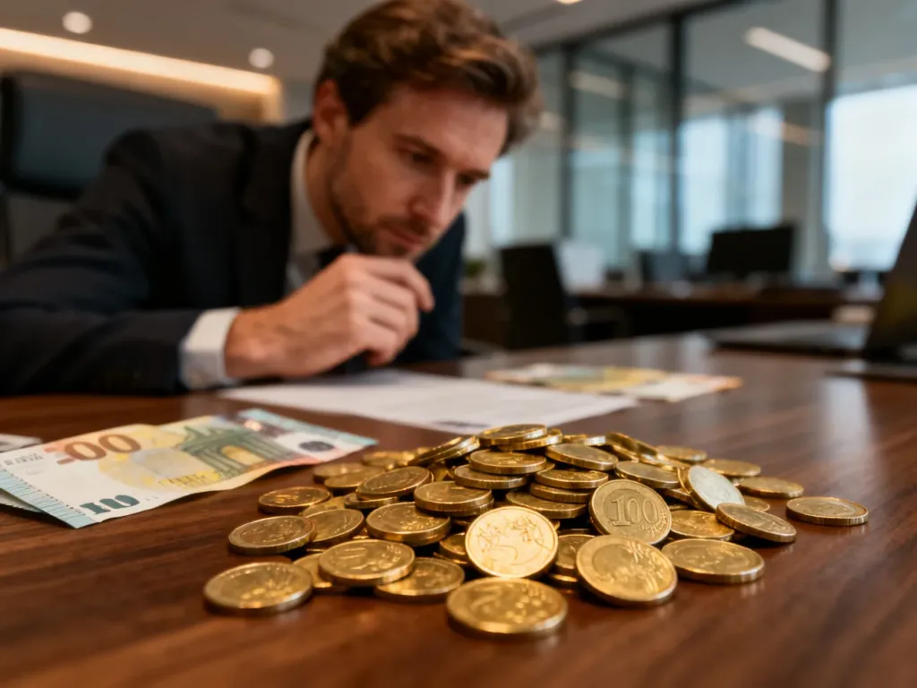 Mężczyzna zamyślony nad stosem banknotów i monet euro na biurku, ilustrujący dylematy związane z finansami.
